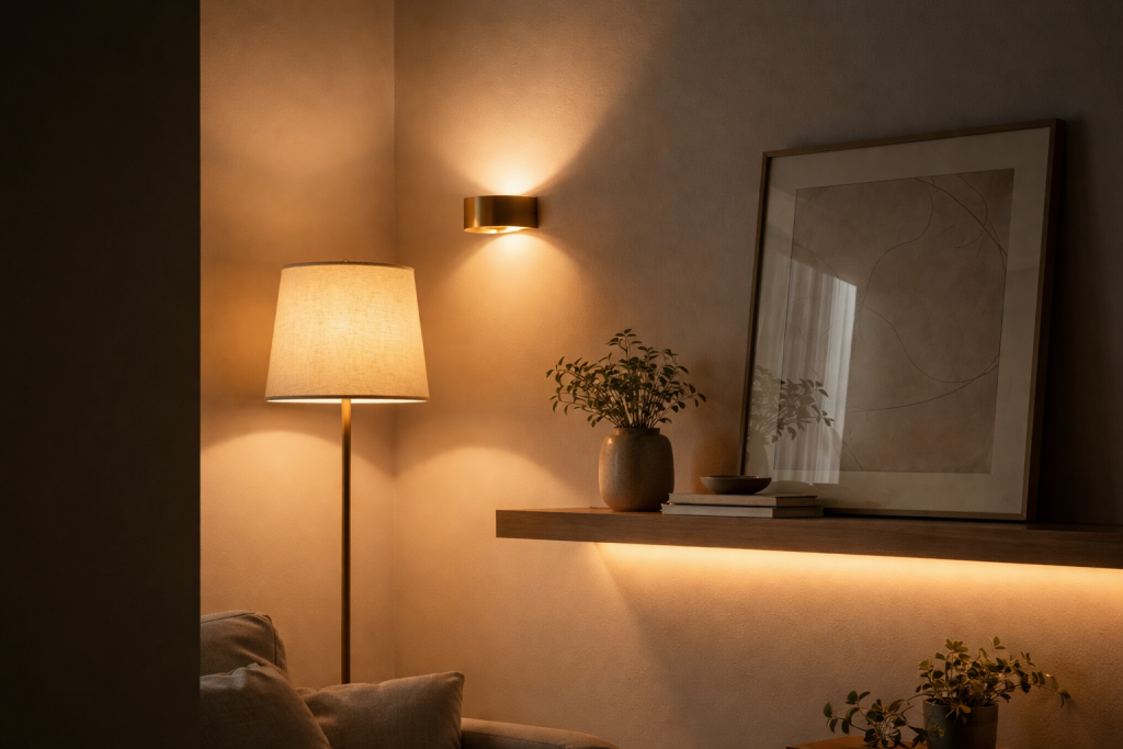 Abstrakt, stemningsfuld scene af lys i hjemmet – kun en del af et rum, hvor flere lyskilder skaber lag, dybde og balance, som symbol på godt lysdesign.