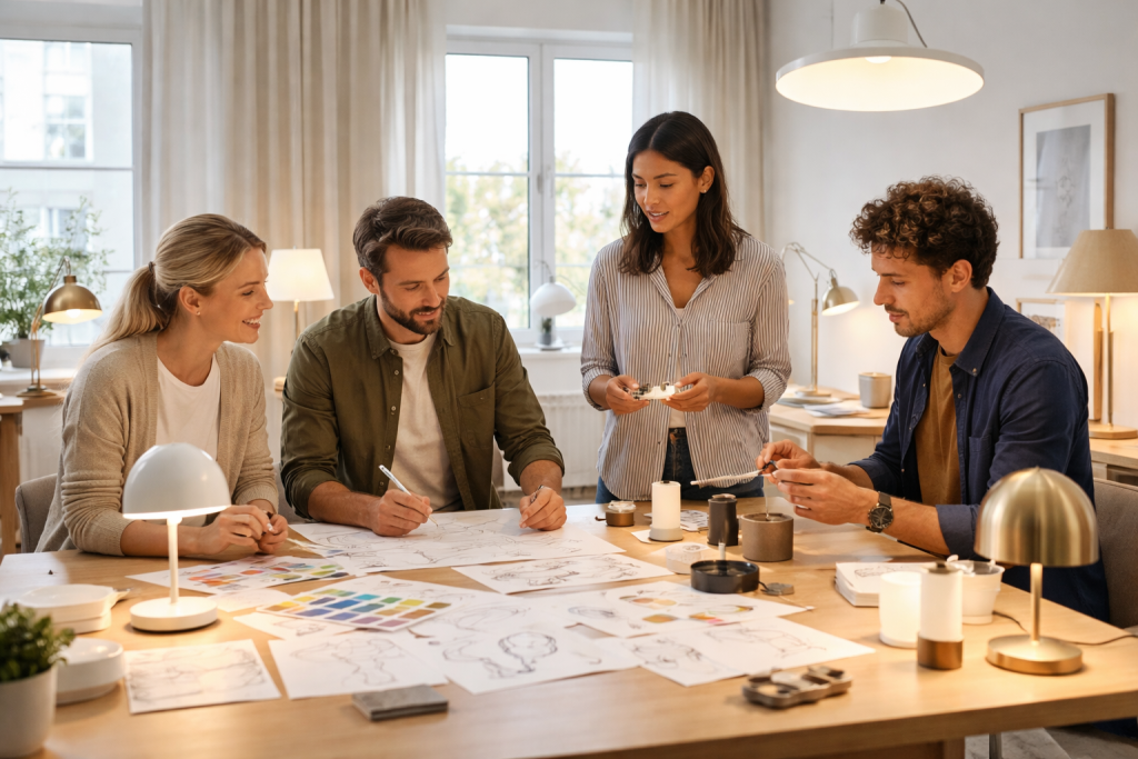 Lille kreativt team i et lyst, afslappet kontor med fokus på lysdesign – laptops, lampeskitser og materialesamples på bordet, hvor lyset fra forskellige lamper tydeligt bruges aktivt. Naturlig, uhøjtidelig stemning.