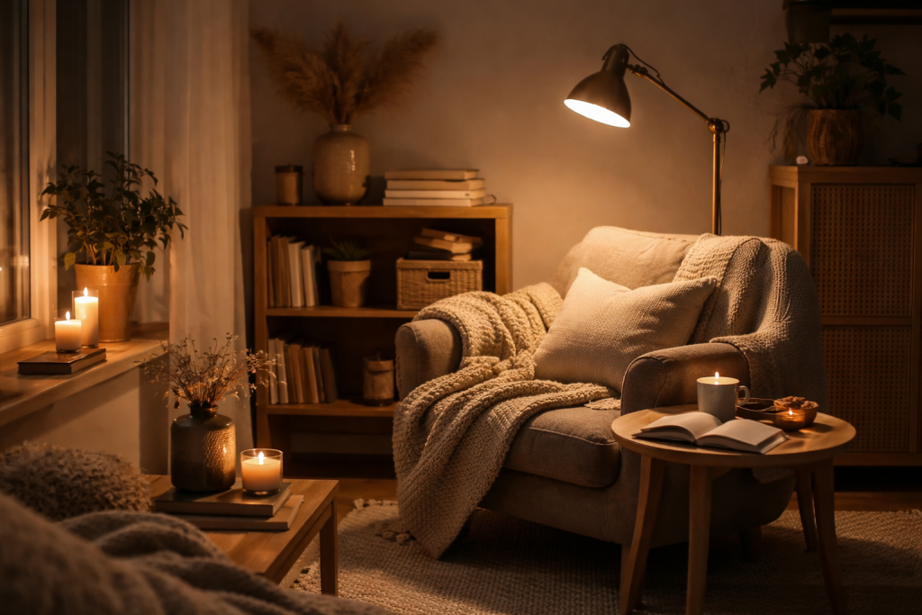 Hyggekrog i stuen med lænestol, plaid, bog og varm belysning, der tydeligt viser hvordan lys skaber ro, nærvær og atmosfære i hverdagen.