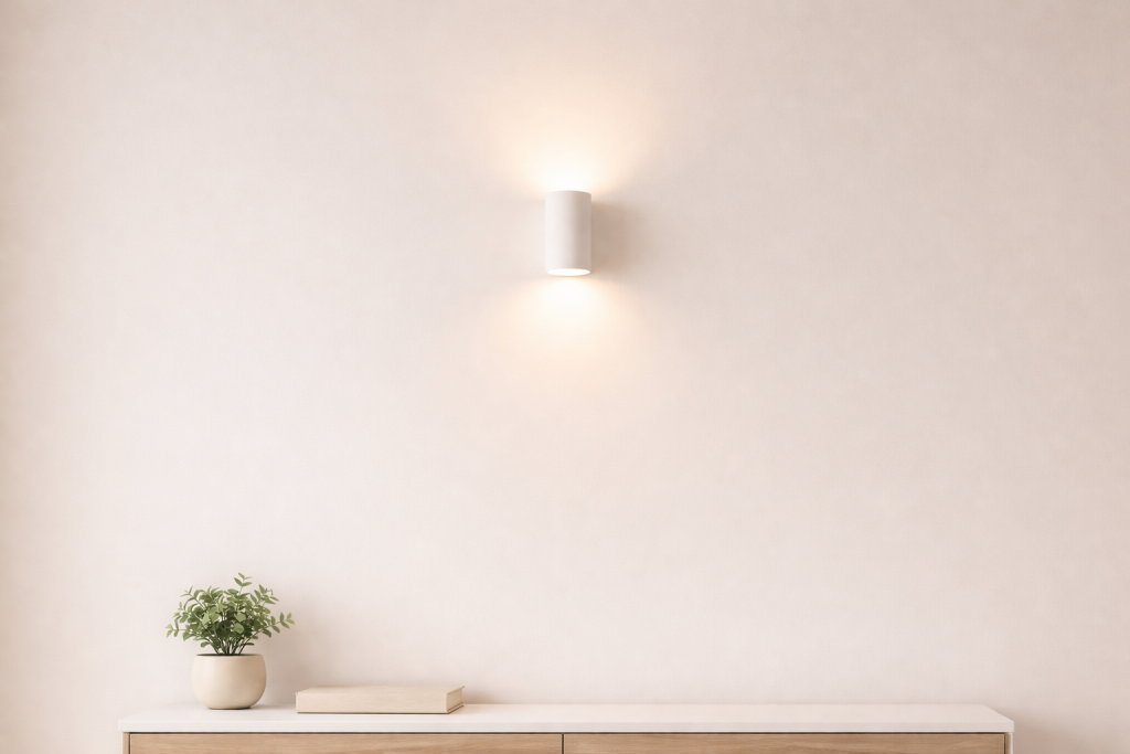 Baggrund til call-to-action sektion: enkel, lys væg med en stilren væglampe og lidt interiør i underkanten, så der er masser af rolig negativ plads til budskab og knapper.