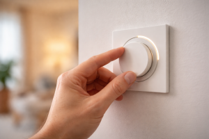 Detaljebillede: close-up af en dæmper eller kontakt, hvor en hånd justerer lyset, så man tydeligt ser fokus på kontrol, fleksibilitet og komfort i belysningen.