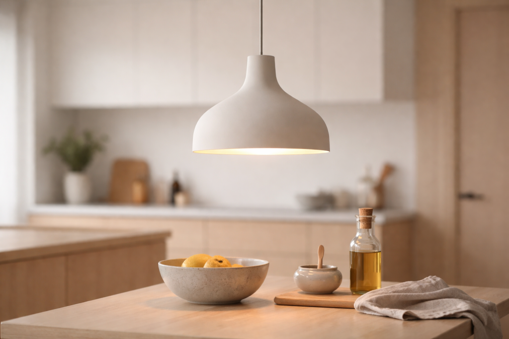 Servicebillede til indendørs belysning/loftlamper: detaljeret udsnit af en elegant pendel over et køkken- eller spisebord, hvor både lampens form og lysets fald tydeligt fremhæves.