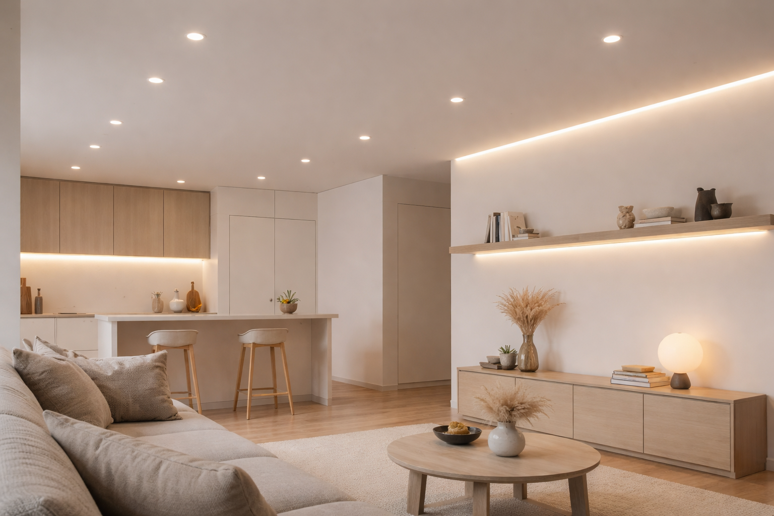 Servicebillede til LED- og teknisk belysning: moderne stue eller køkken med indbyggede spots og diskrete LED-strips, der viser funktionel, energieffektiv belysning på en æstetisk måde.