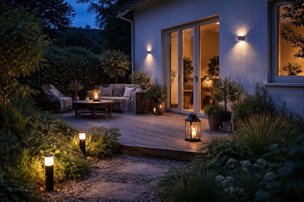Servicebillede til udendørs belysning: hyggelig terrasse eller haveområde i skumring med velplacerede udendørslamper, der skaber tryghed og stemning uden at virke kitschet.